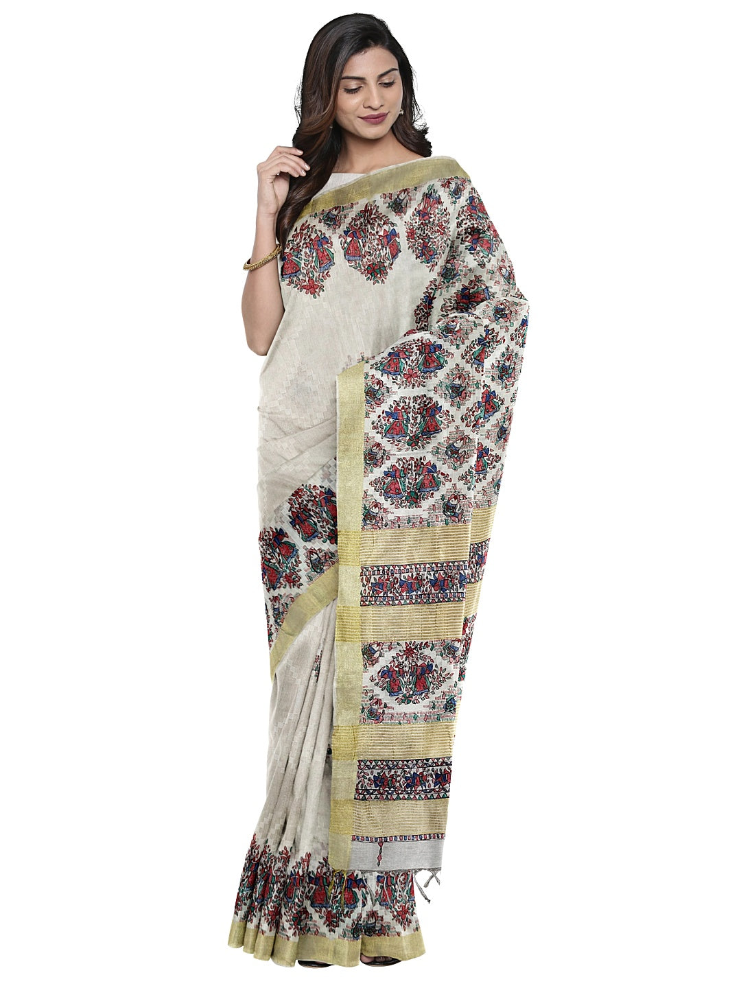 Handpainted Madhubani Kota Silk Saree in White with Zari Border